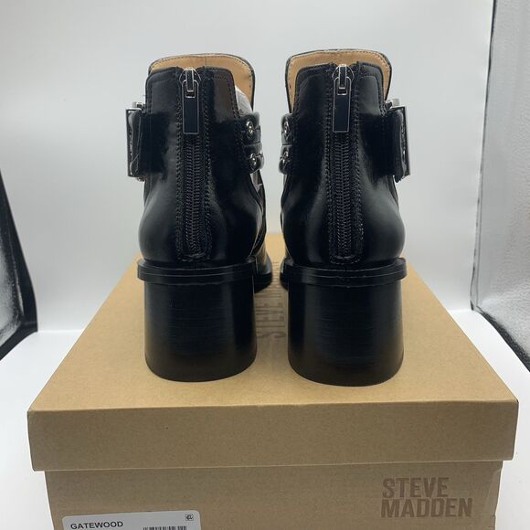 Steve Madden GATEWOOD  Boots In Black Leather Silver Buckles & Zip Women’s 9.5 - Picture 2 of 7
